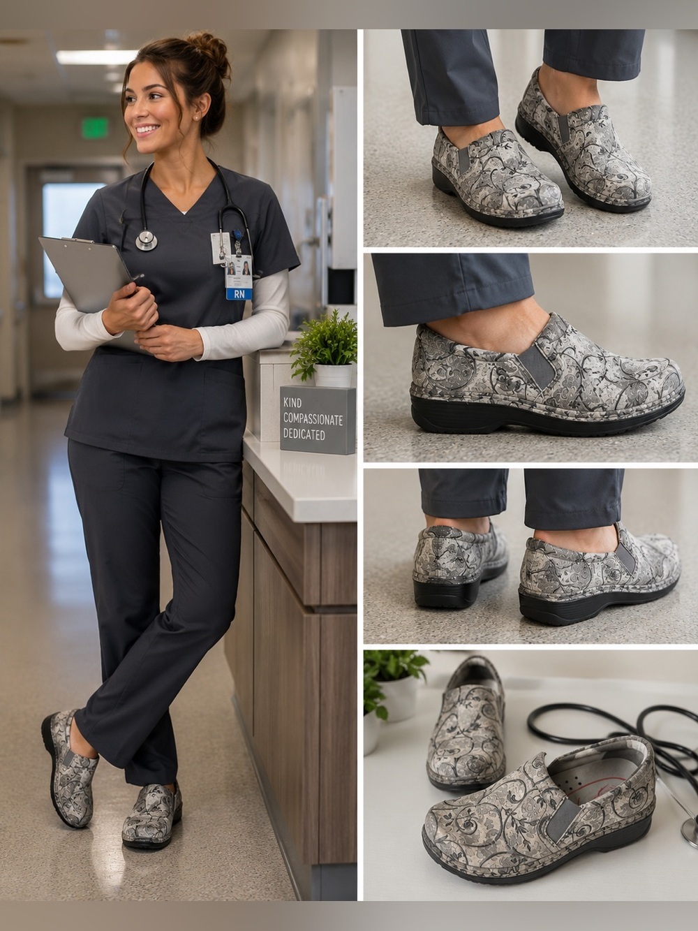 KLOGS Gray Floral Slip-On Nursing Shift Shoes | Comfort Work Clogs | Sz 7